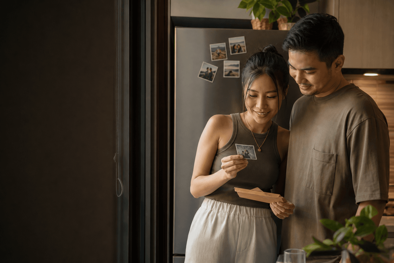 A Malaysian couple opening a personal photo magnet gift together